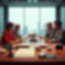 A corporate boardroom with leaders discussing a strategy to reduce AI reliance, showing charts and older technology models on a table.