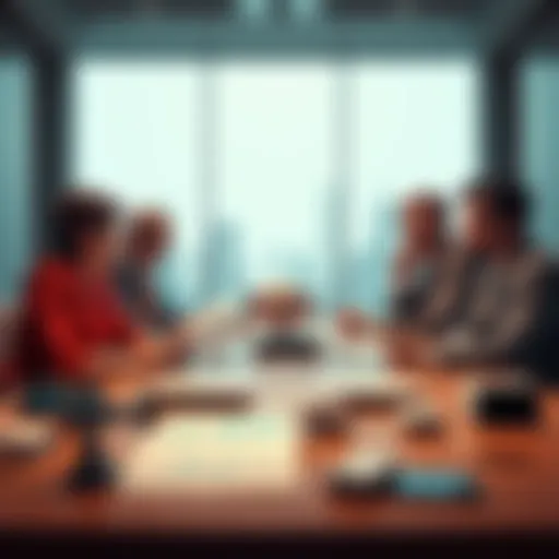 A corporate boardroom with leaders discussing a strategy to reduce AI reliance, showing charts and older technology models on a table.