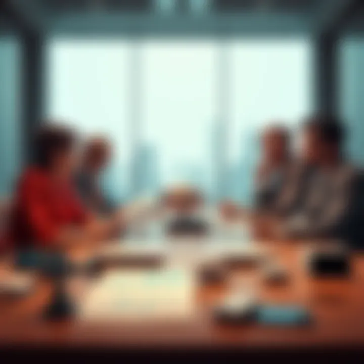 A corporate boardroom with leaders discussing a strategy to reduce AI reliance, showing charts and older technology models on a table.
