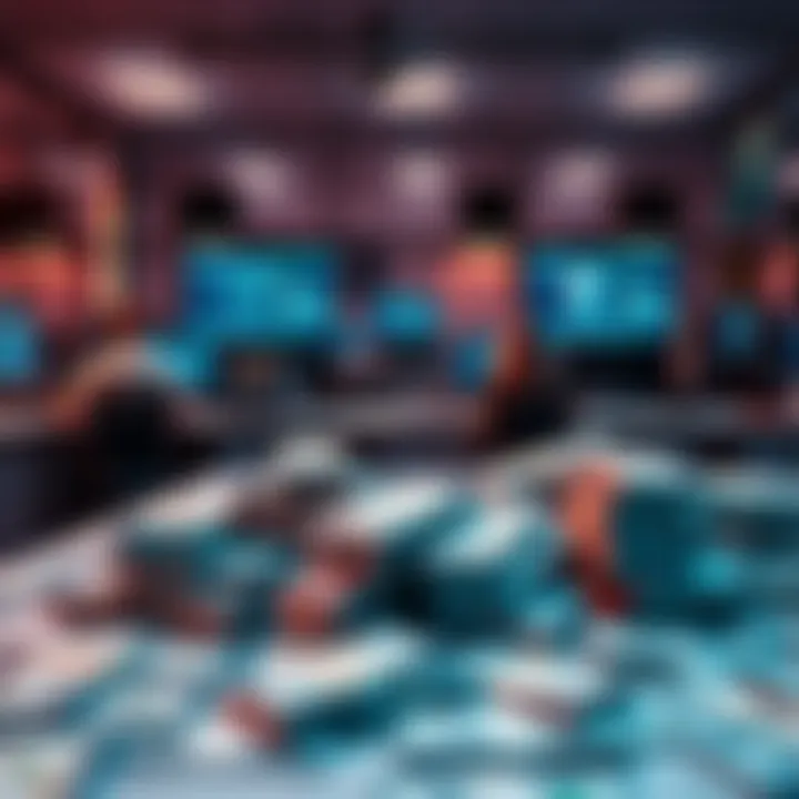 An office scene showing employees using computers with AI software, stacks of money scattered on the desk, symbolizing excessive spending.