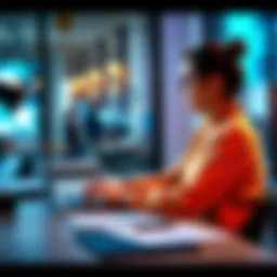 A person sitting at a desk, analyzing different online posts on a laptop with notes and a pen nearby