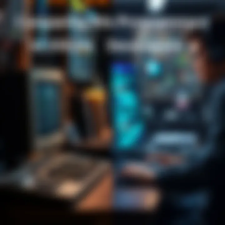 A side-by-side comparison of an 80s programmer coding on an old computer and a 2020s developer using a modern laptop with advanced tools.