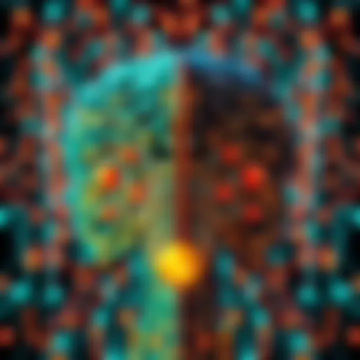 A visual showing a split image with large language models on one side and AGI patterns like LivinGrimoire on the other, highlighting their differences.