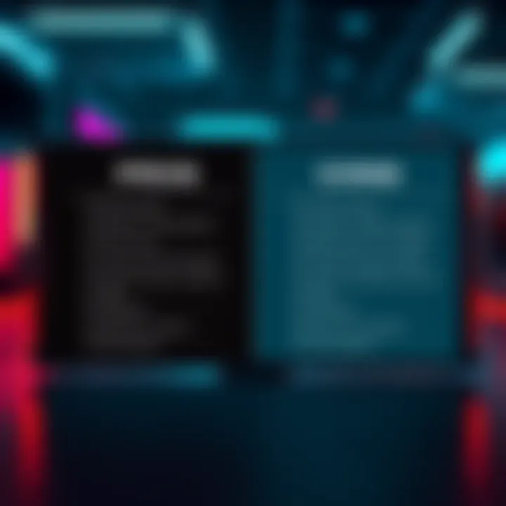 A split screen showing two choices side by side, each with pros and cons listed.