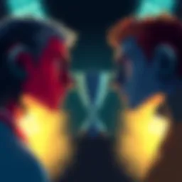 An illustration showing two contenders facing off, each representing a different side in the competition, with a trophy in the background symbolizing victory.