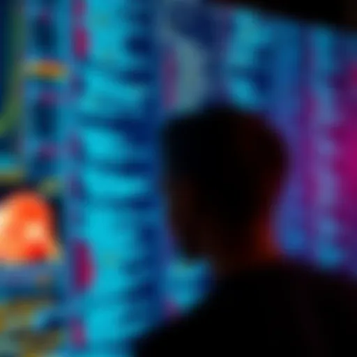 A close-up of a computer screen displaying lines of complex code with a blurred figure of a person looking at it, symbolizing confusion and dependence on technology.