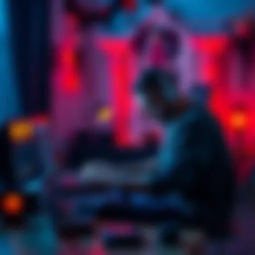 A composer working on a laptop with spooky decorations in the background, crafting music for a multiplayer horror game.