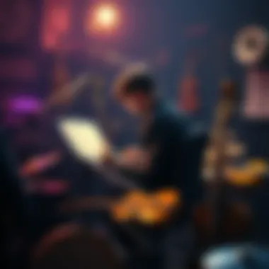 A composer surrounded by musical instruments, working on unique music for a narrative roguelike game.
