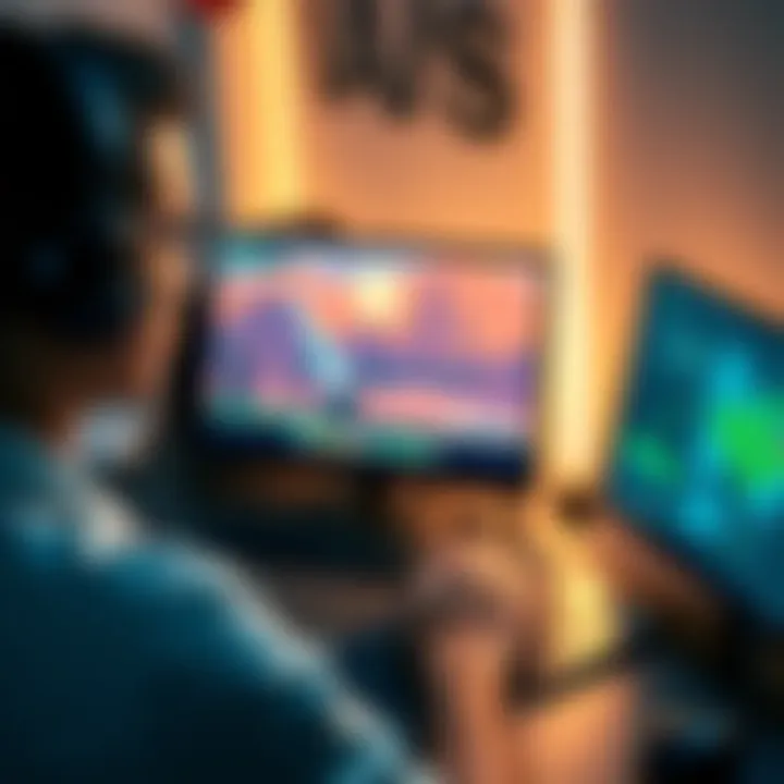 A person looking at a laptop screen displaying pixel art for a wizard game, with game design tools on the desk.
