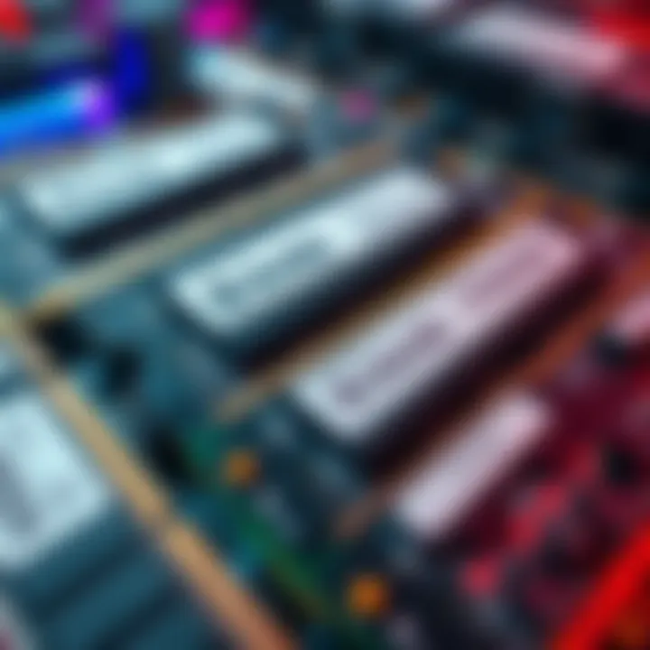 A close-up view of various computer RAM sticks displayed next to price tags showing high costs, representing the issue of rising RAM prices.