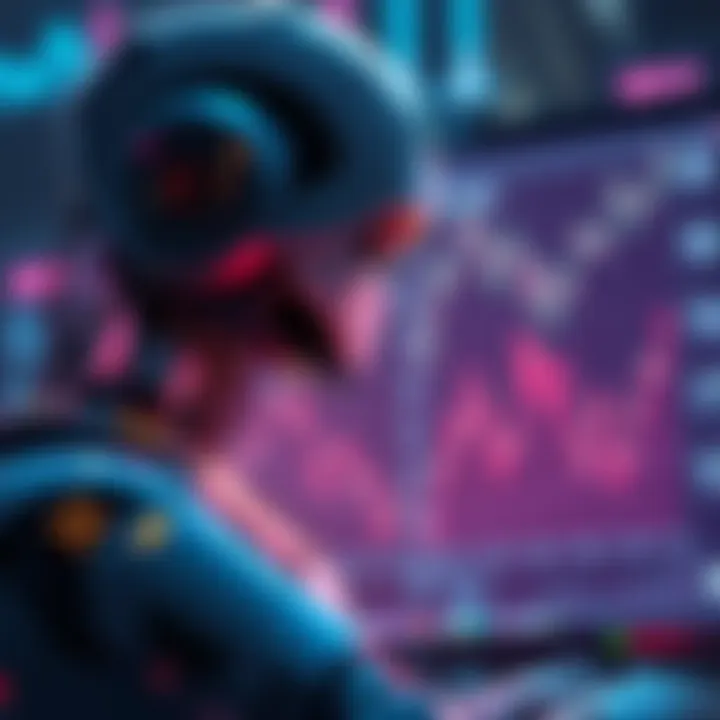 Concerned AI Technology A futuristic representation of a robot looking at a computer screen with data graphs, symbolizing self-improving artificial intelligence.