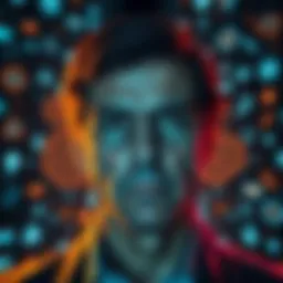 An American citizen looking worried while surrounded by digital symbols of artificial intelligence, representing concerns over technology's impact on humanity.