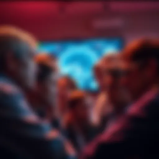 A group of worried people looking at a screen displaying AI technology, showing expressions of fear and uncertainty.