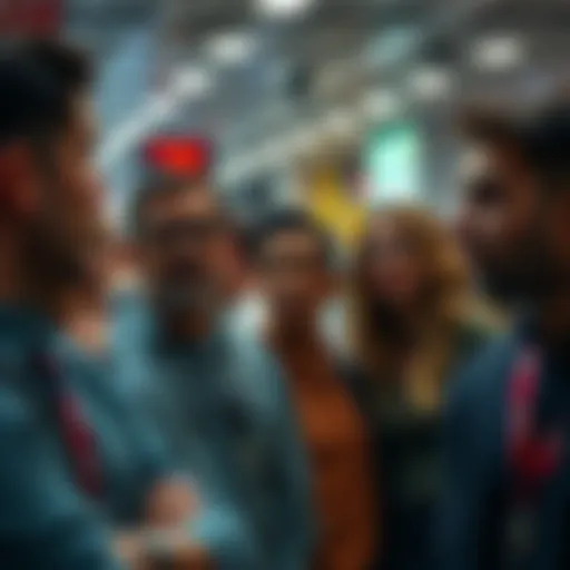 A group of worried people discussing the risks of AI technology in a public setting.