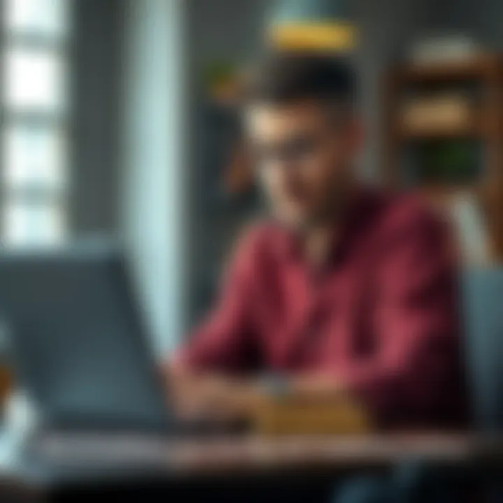 A self-published author sitting at a desk, looking worried while examining AI-generated content on a laptop