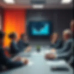 A group of business people sitting around a conference table, looking worried while reviewing a report with downward trends on the screen.