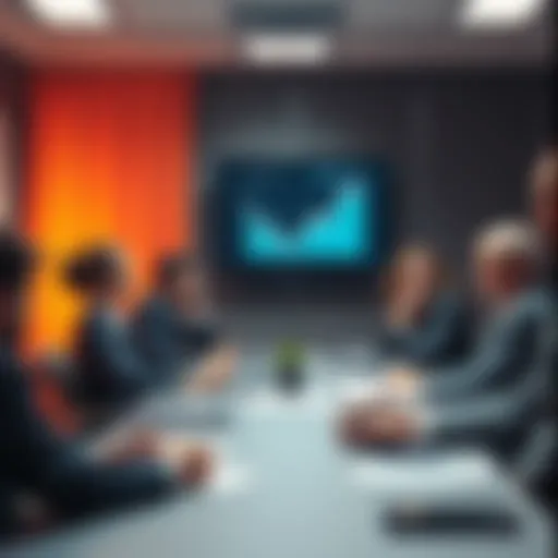 A group of business people sitting around a conference table, looking worried while reviewing a report with downward trends on the screen.