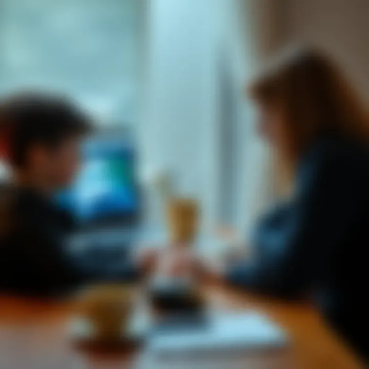 A worried child sits at a table talking to their mother about AI technologies, with a laptop showing ChatGPT on the screen in the background.