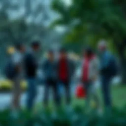 A group of worried residents discussing unexpected news in a park