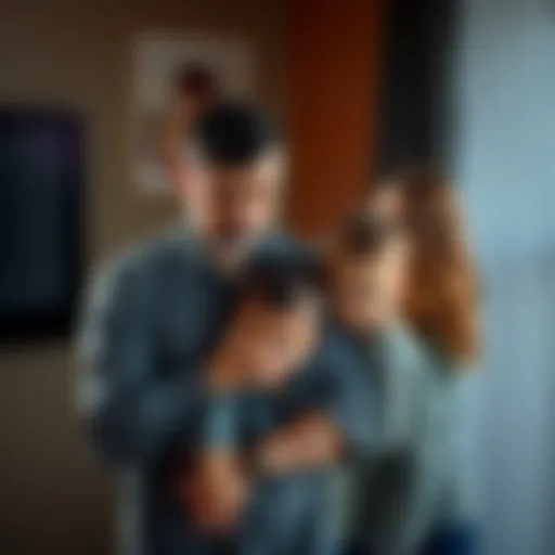 A worried father holding his child tightly while his wife looks on with concern in a dimly lit room, showing the emotional toll of threats against their family.