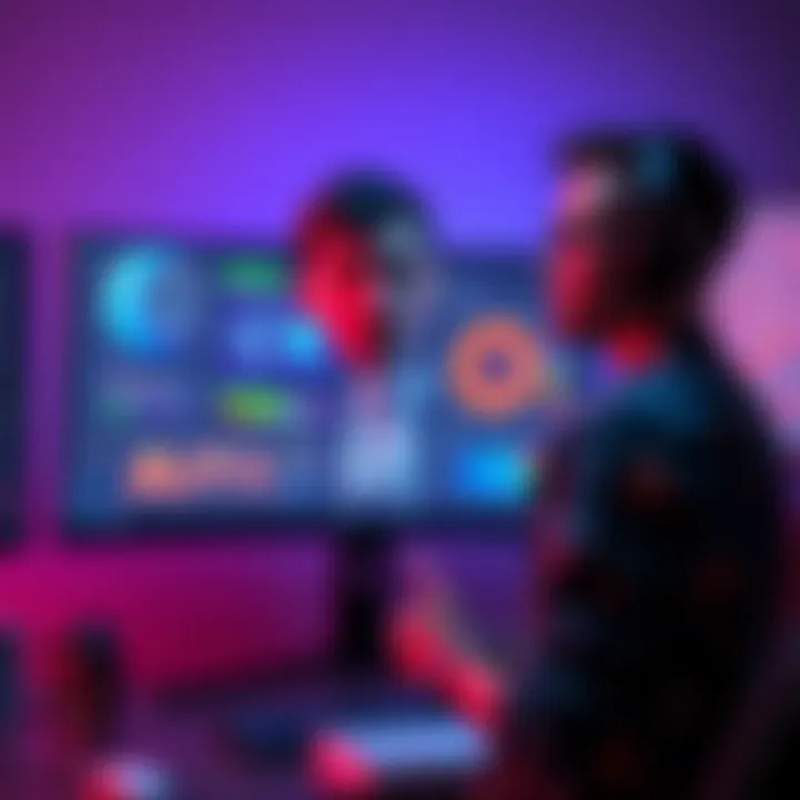 A worried indie game developer stands in front of a computer displaying generative AI designs, reflecting concerns about AI's impact on creativity in game development.