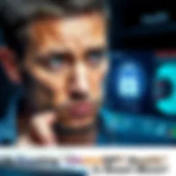 A worried man is looking at a digital screen displaying health information, with a lock symbol indicating privacy concerns.