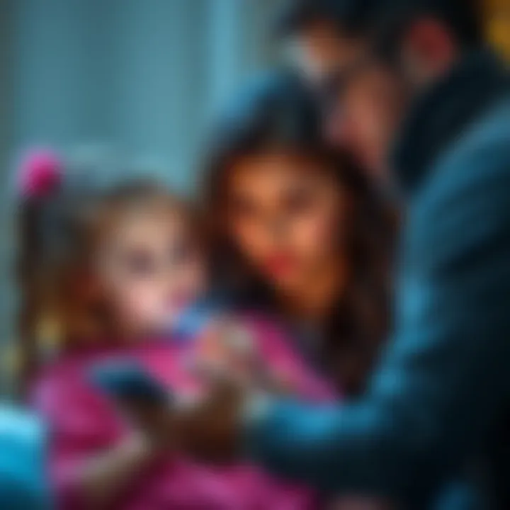 A worried parent watches as their daughter interacts with an AI chatbot on a smartphone, showing concern for her obsession and potential exploitation.
