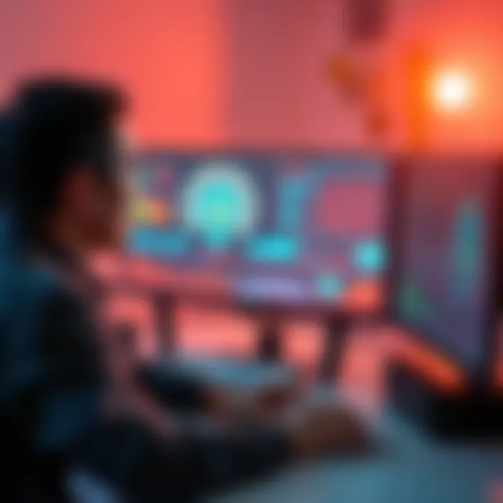 A person sitting at a desk, looking worried while staring at a computer screen displaying AI graphics