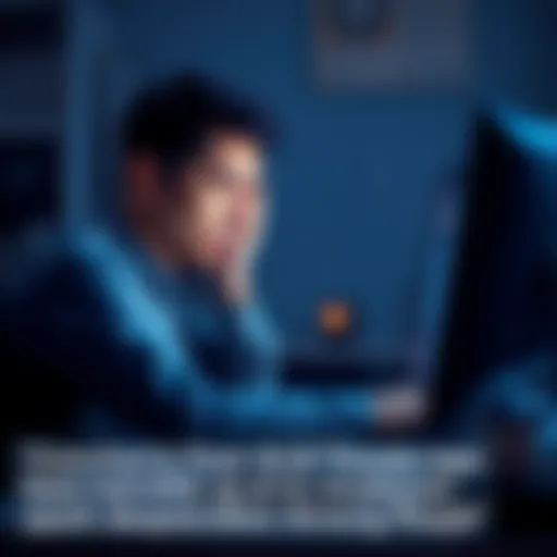A concerned individual sits at a computer, looking worried while reading about AI threats on the screen, reflecting anxiety and a search for reassurance.
