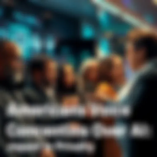 A group of diverse people discussing their concerns about AI affecting jobs and privacy in a modern setting, with a digital backdrop representing technology.