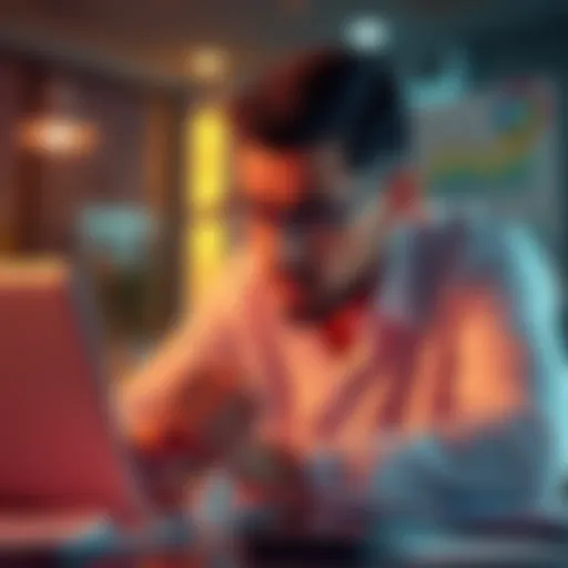 A small business owner looks worried while examining AI technology on a laptop, surrounded by financial documents.