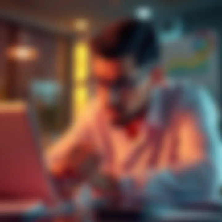 A small business owner looks worried while examining AI technology on a laptop, surrounded by financial documents.