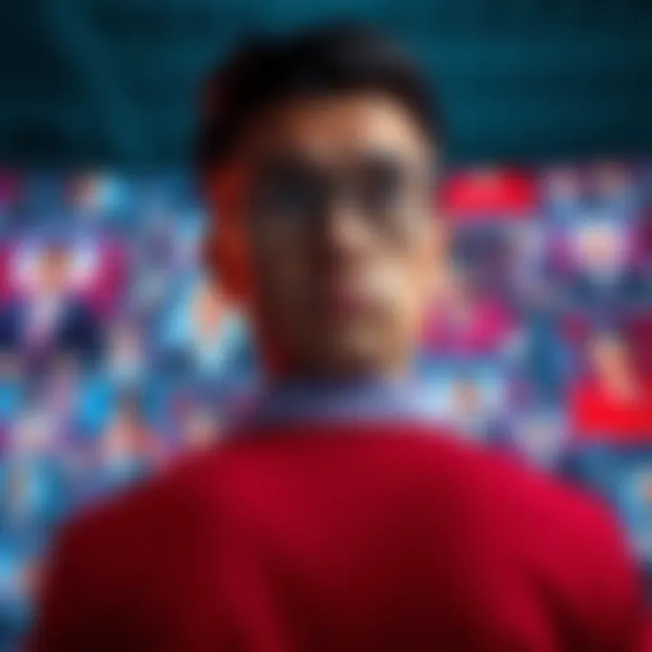 A worried person watching a digital display of manipulated political speeches, showcasing concerns about AI technology