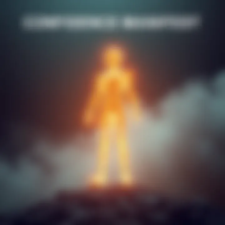 A glowing figure symbolizes confidence, radiating energy and standing tall, inspiring those around it.