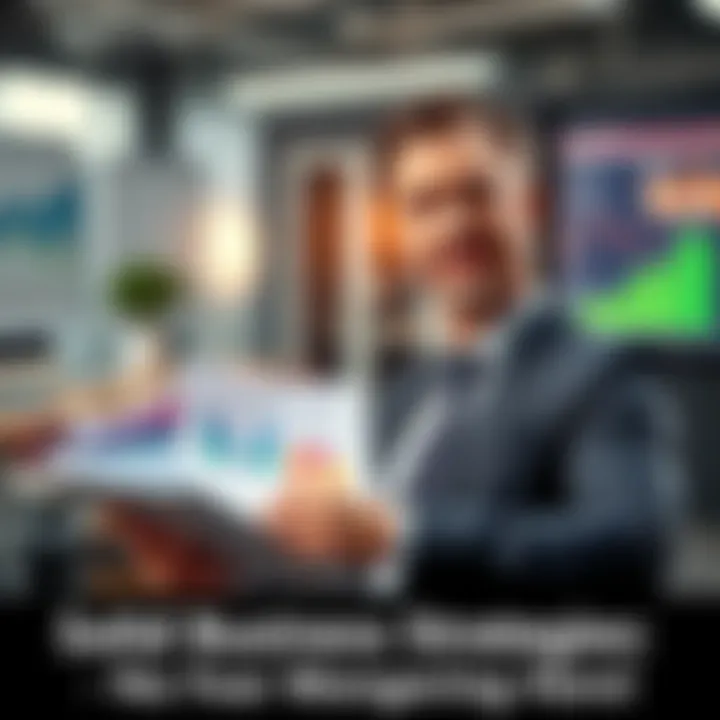 A confident business person analyzing charts and graphs in an office setting, showcasing successful business strategies without fear tactics.