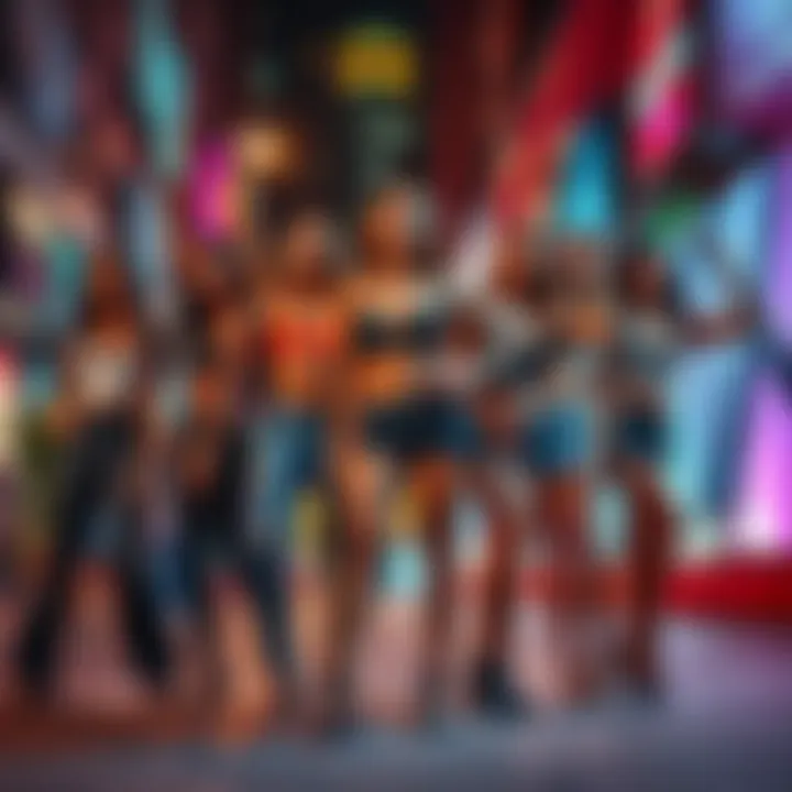 A group of diverse women expressing confidence and freedom, standing together in a vibrant urban setting, showcasing their individuality and strength.