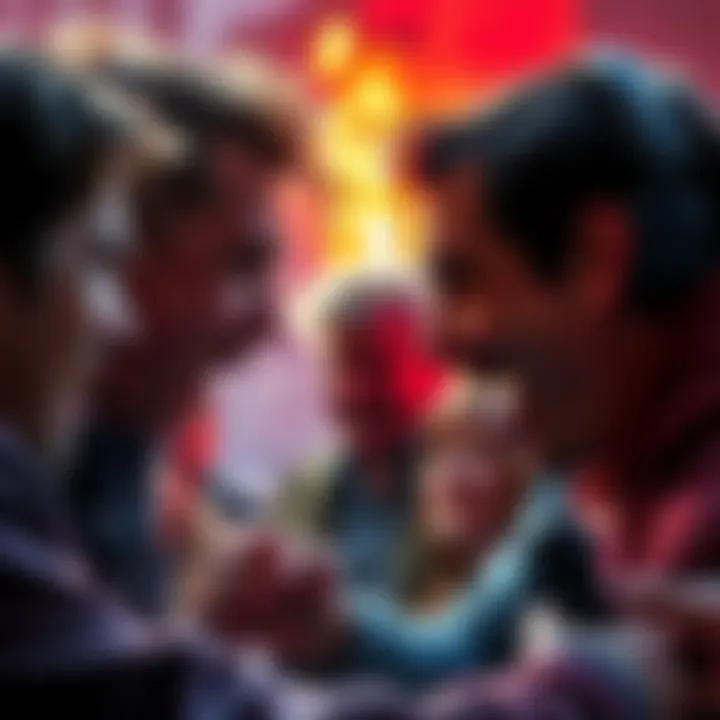 A representation of jackass antis and ragebaity pros in a heated debate, showing contrasting emotions and expressions.