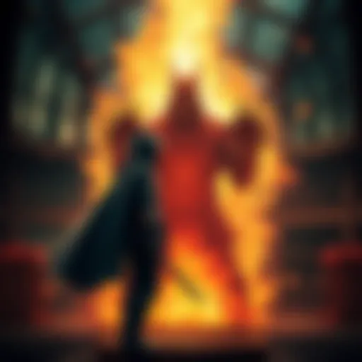 A person faces a shadowy figure representing their last creation in an intense battle scene.