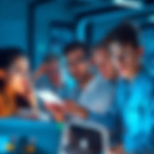 Group of people looking at screens with puzzled expressions while interacting with character AI, showing glitches in the program.