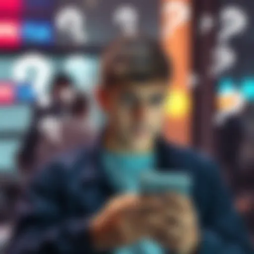 A person looking puzzled while using a chat app, surrounded by question marks to symbolize communication issues.