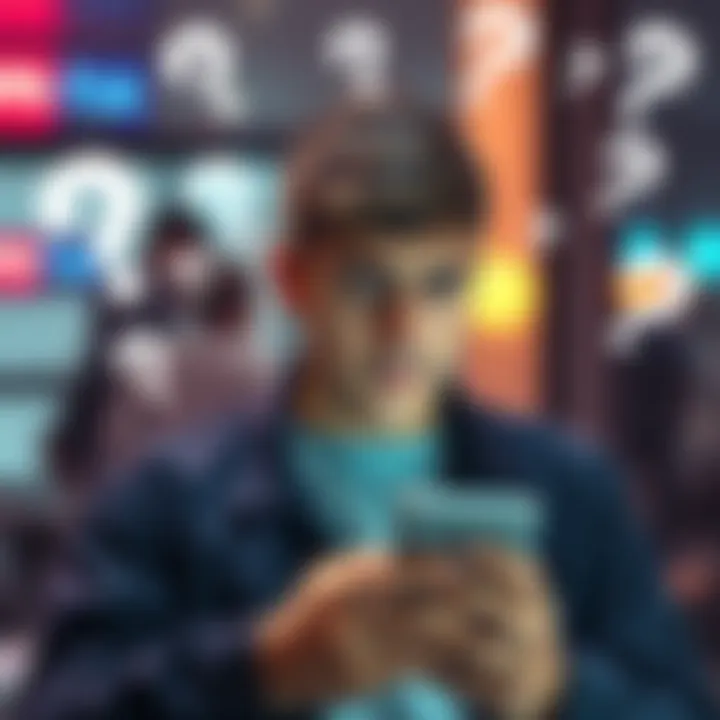 A person looking puzzled while using a chat app, surrounded by question marks to symbolize communication issues.