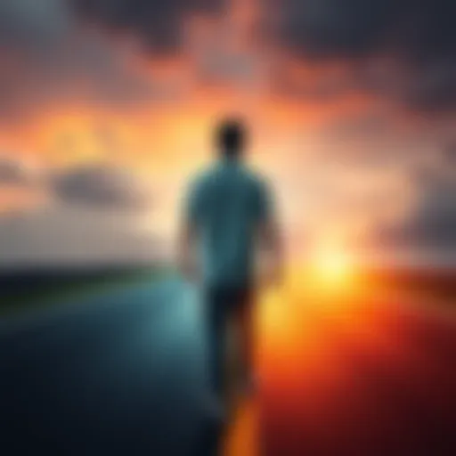 A person facing a fork in the road, symbolizing the impact of decisions on life. One path is bright and inviting, while the other is dark and unwelcoming.