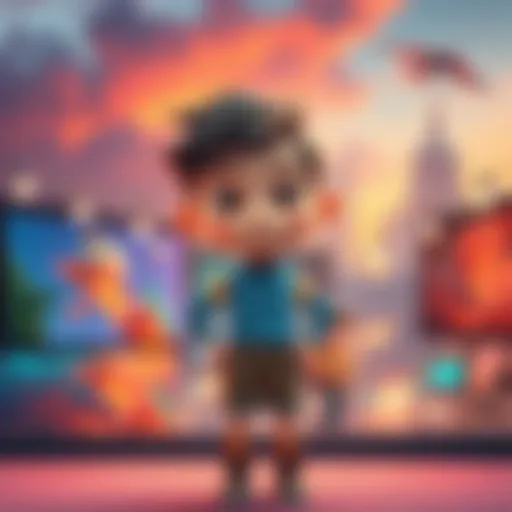 An animated character standing confidently in various scenes, showcasing consistent design across different backgrounds, representing video creation tools.