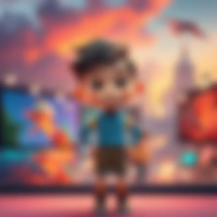 An animated character standing confidently in various scenes, showcasing consistent design across different backgrounds, representing video creation tools.