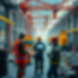 A busy construction site where workers collaborate with advanced AGI technology, showcasing modern machinery and digital interfaces