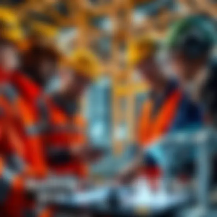 A group of construction workers collaborating over digital tools, illustrating the use of AI in building and development.