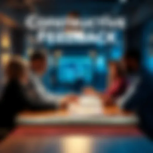 A group of people discussing and sharing positive feedback around a table, smiling and engaged in conversation.