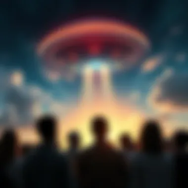 A diverse group of people looking up at a glowing spaceship in the sky, symbolizing hope and unity in communication with extraterrestrial life.