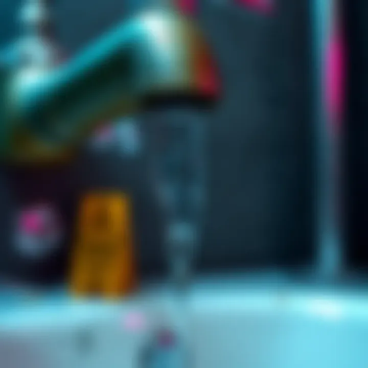 A close-up of a faucet dripping water with a warning sign about water safety nearby.