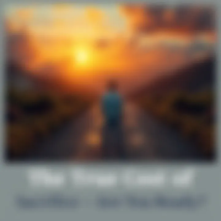 An individual standing at a crossroads, looking thoughtfully at two paths representing choices of sacrifice and commitment, surrounded by nature